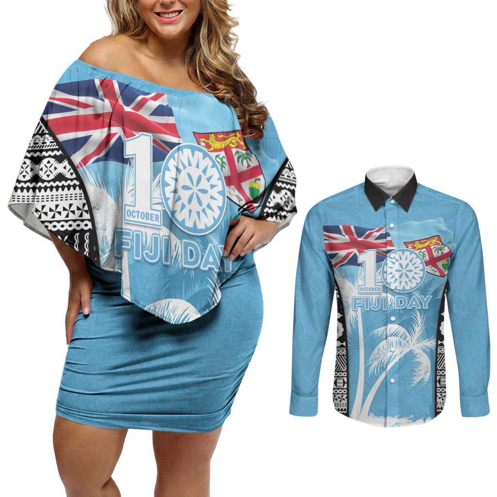 Personalised Fiji Day 2026 Couples Matching Off Shoulder Short Dress and Long Sleeve Button Shirt Masi Tapa Pattern With Palm Tree