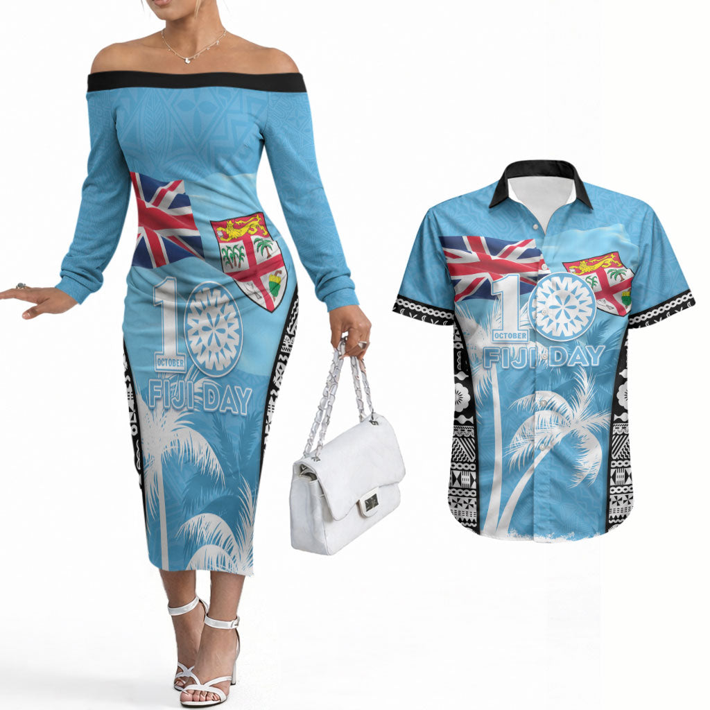 Personalised Fiji Day 2026 Couples Matching Off The Shoulder Long Sleeve Dress and Hawaiian Shirt Masi Tapa Pattern With Palm Tree