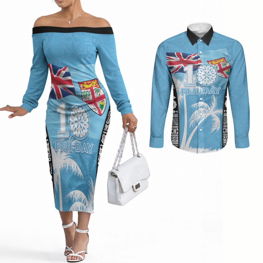 Personalised Fiji Day 2026 Couples Matching Off The Shoulder Long Sleeve Dress and Long Sleeve Button Shirt Masi Tapa Pattern With Palm Tree