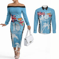Personalised Fiji Day 2026 Couples Matching Off The Shoulder Long Sleeve Dress and Long Sleeve Button Shirt Masi Tapa Pattern With Palm Tree