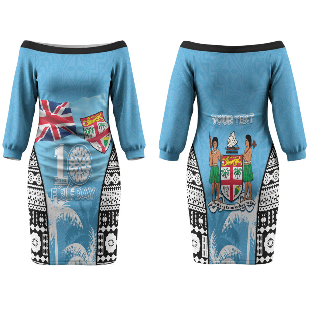 Personalised Fiji Day 2026 Couples Matching Off The Shoulder Long Sleeve Dress and Long Sleeve Button Shirt Masi Tapa Pattern With Palm Tree