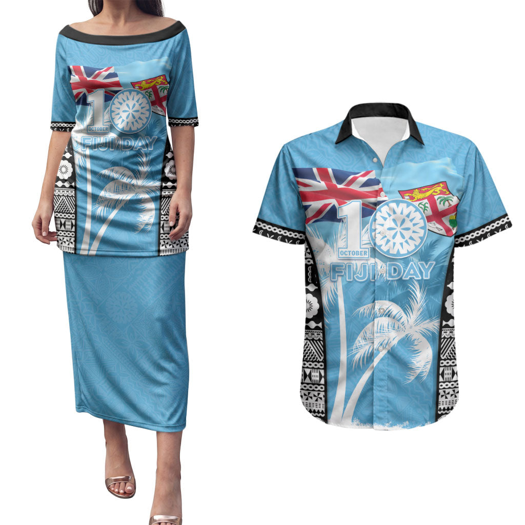 Personalised Fiji Day 2026 Couples Matching Puletasi and Hawaiian Shirt Masi Tapa Pattern With Palm Tree