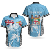 Personalised Fiji Day 2026 Couples Matching Puletasi and Hawaiian Shirt Masi Tapa Pattern With Palm Tree