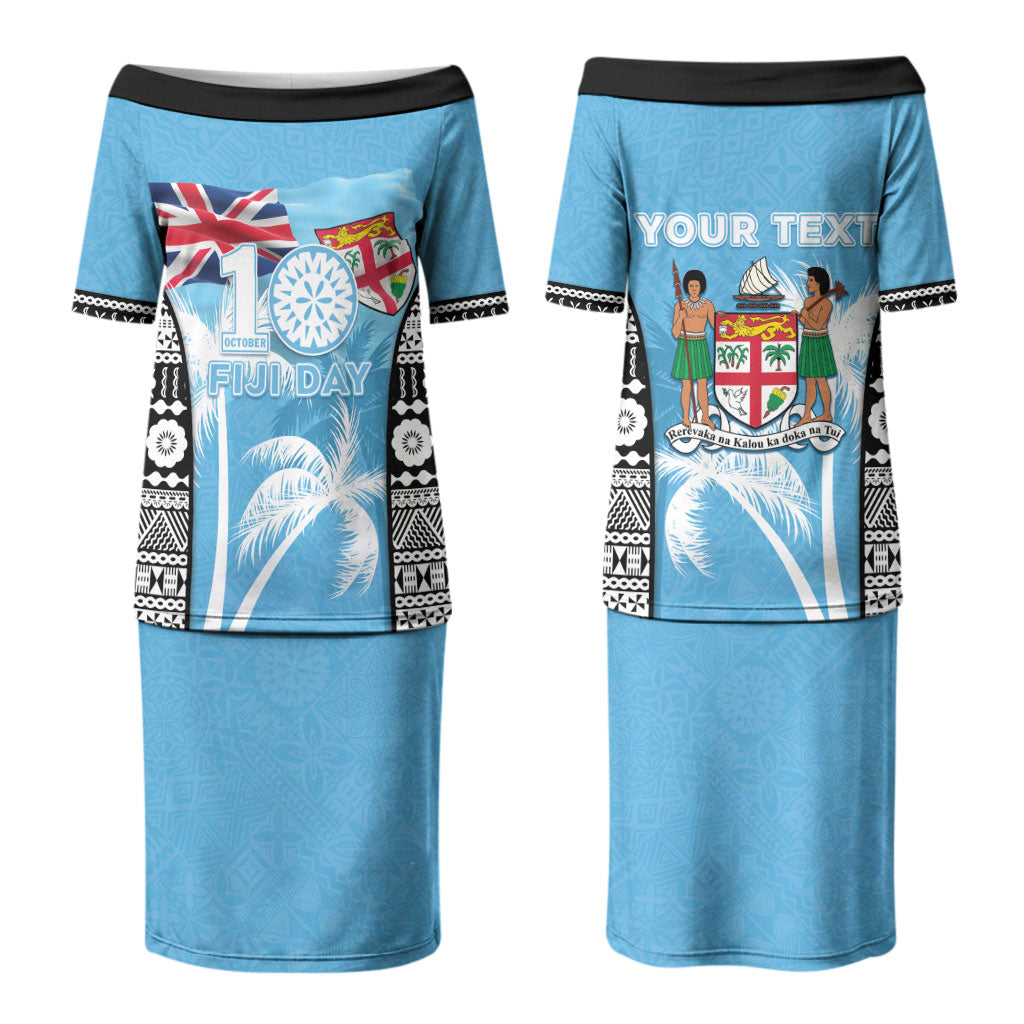 Personalised Fiji Day 2026 Couples Matching Puletasi and Long Sleeve Button Shirt Masi Tapa Pattern With Palm Tree