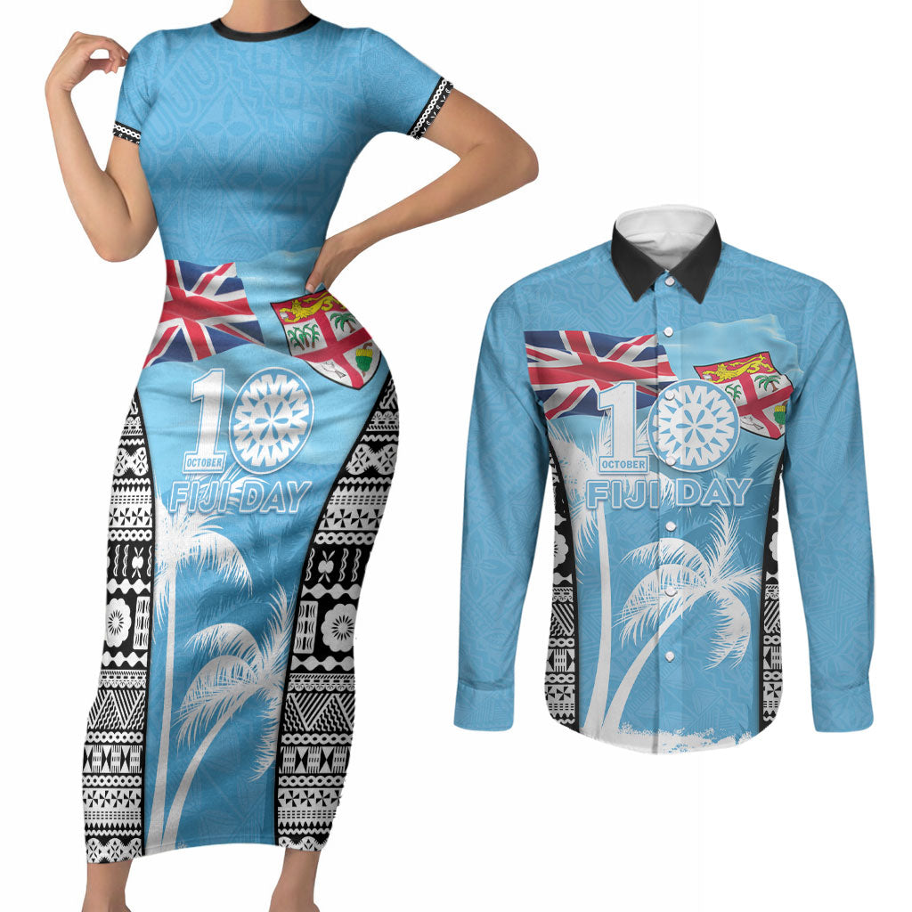 Personalised Fiji Day 2026 Couples Matching Short Sleeve Bodycon Dress and Long Sleeve Button Shirt Masi Tapa Pattern With Palm Tree