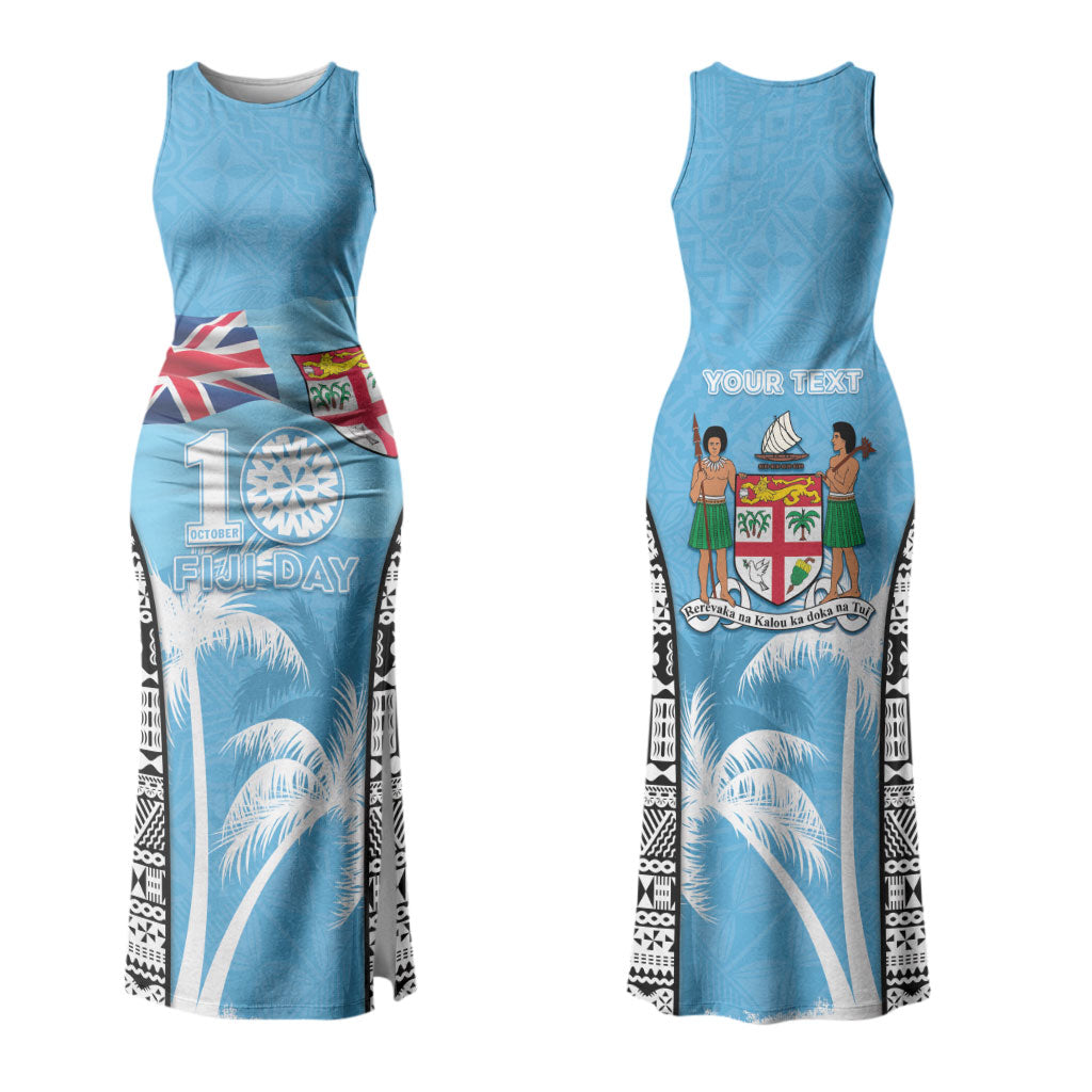 Personalised Fiji Day 2026 Couples Matching Tank Maxi Dress and Long Sleeve Button Shirt Masi Tapa Pattern With Palm Tree