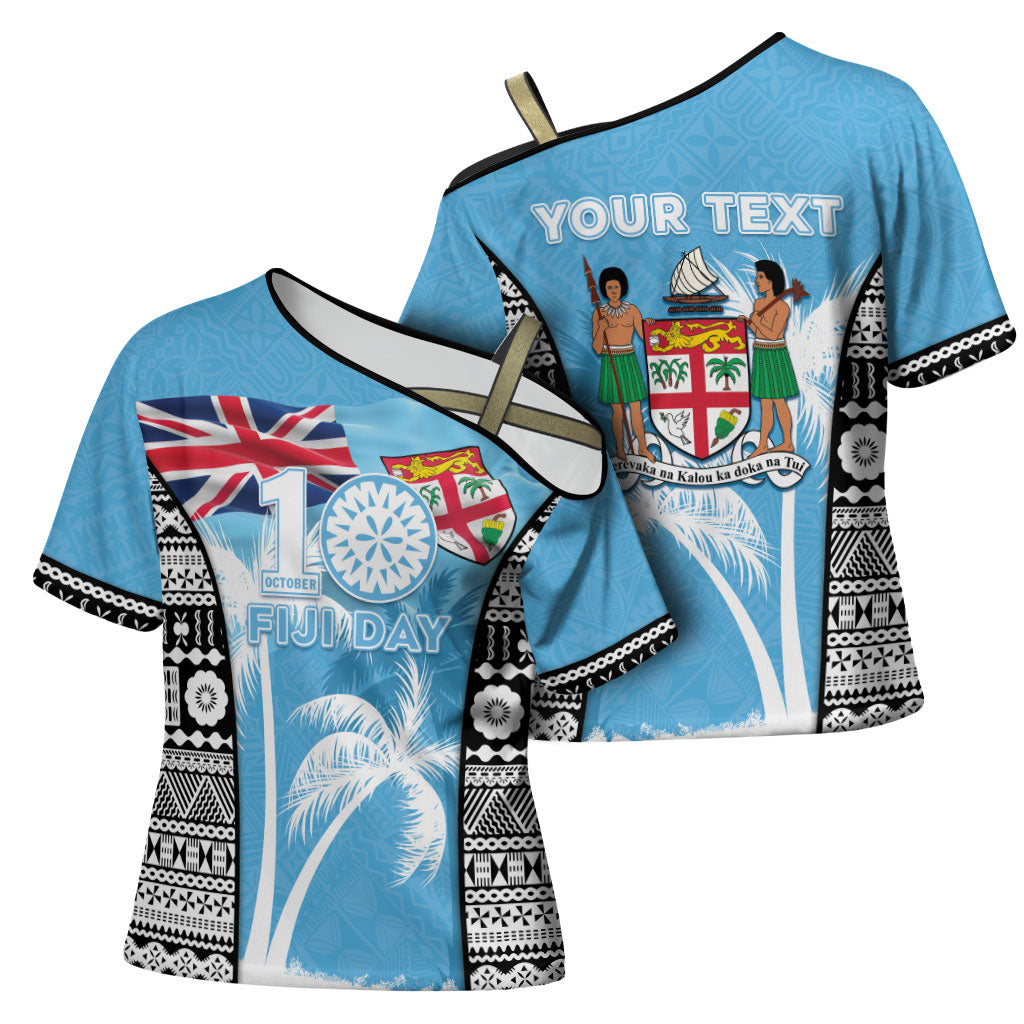 Personalised Fiji Day 2026 Cross Shoulder Shirt Masi Tapa Pattern With Palm Tree