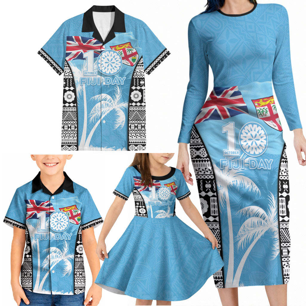 Personalised Fiji Day 2026 Family Matching Long Sleeve Bodycon Dress and Hawaiian Shirt Masi Tapa Pattern With Palm Tree LT05 - Polynesian Pride