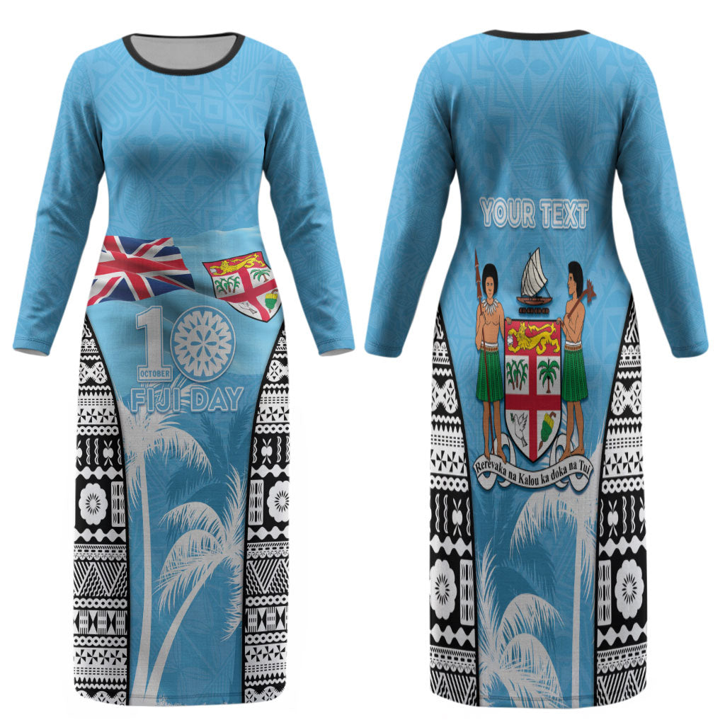 Personalised Fiji Day 2026 Family Matching Long Sleeve Bodycon Dress and Hawaiian Shirt Masi Tapa Pattern With Palm Tree