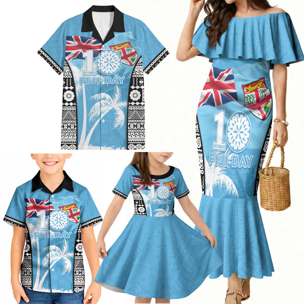 Personalised Fiji Day 2026 Family Matching Mermaid Dress and Hawaiian Shirt Masi Tapa Pattern With Palm Tree LT05 - Polynesian Pride