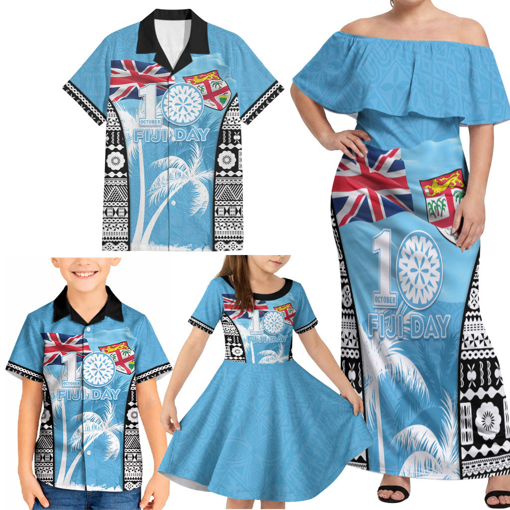 Personalised Fiji Day 2026 Family Matching Off Shoulder Maxi Dress and Hawaiian Shirt Masi Tapa Pattern With Palm Tree