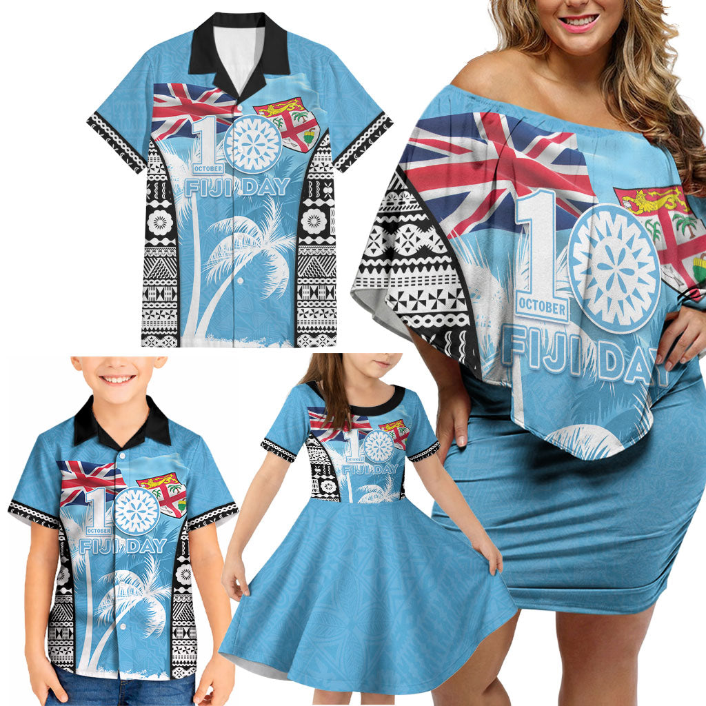 Personalised Fiji Day 2026 Family Matching Off Shoulder Short Dress and Hawaiian Shirt Masi Tapa Pattern With Palm Tree