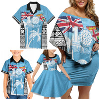 Personalised Fiji Day 2026 Family Matching Off Shoulder Short Dress and Hawaiian Shirt Masi Tapa Pattern With Palm Tree