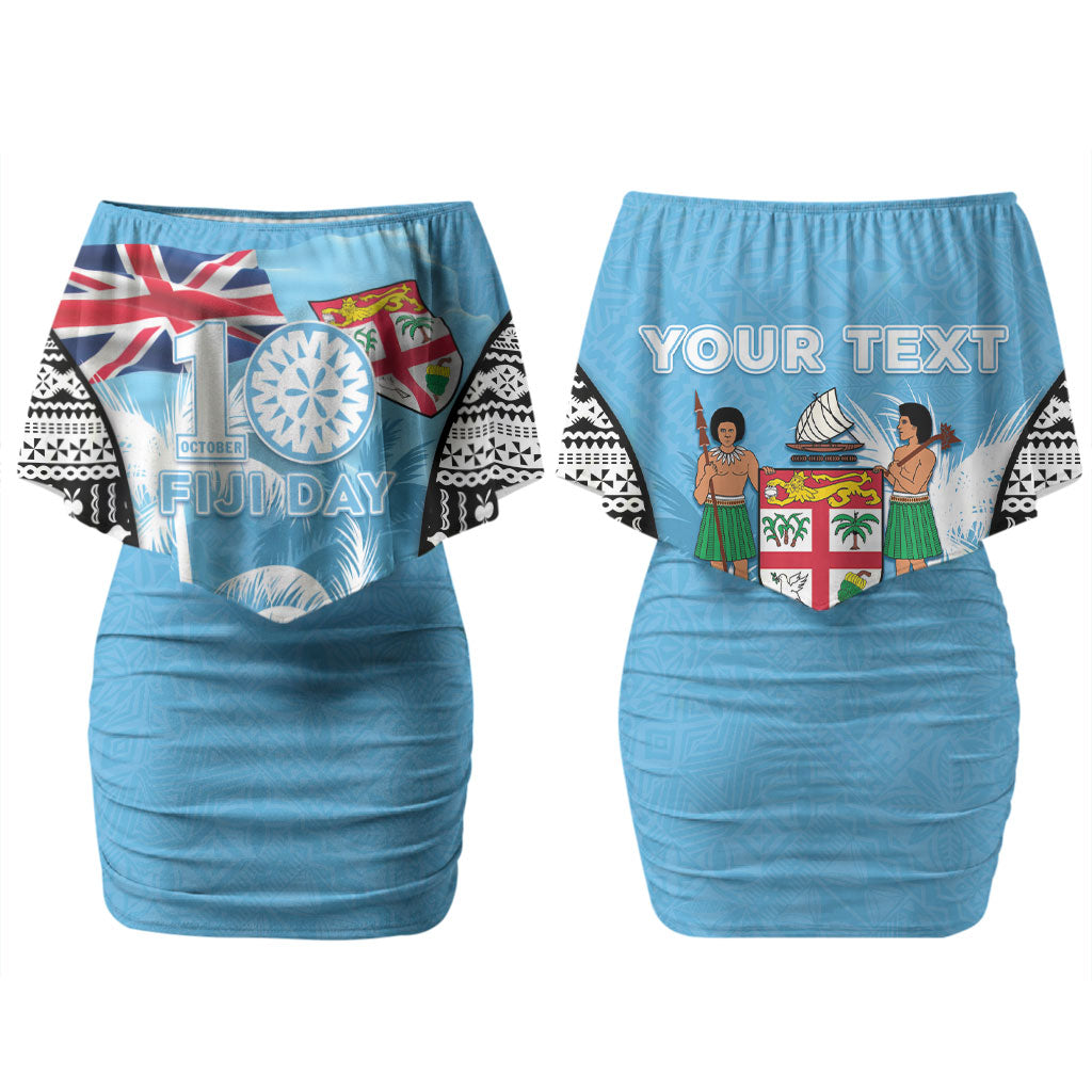 Personalised Fiji Day 2026 Family Matching Off Shoulder Short Dress and Hawaiian Shirt Masi Tapa Pattern With Palm Tree