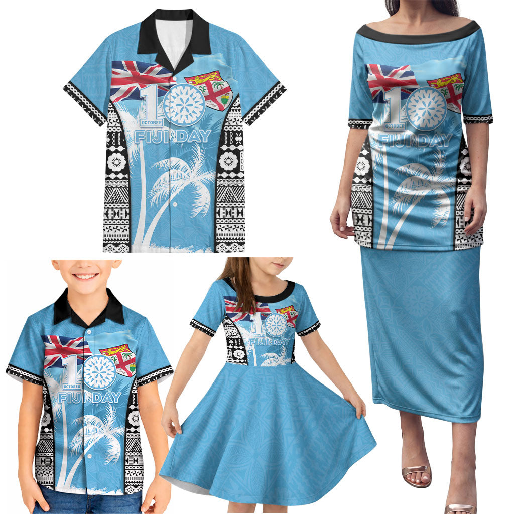 Personalised Fiji Day 2026 Family Matching Puletasi and Hawaiian Shirt Masi Tapa Pattern With Palm Tree