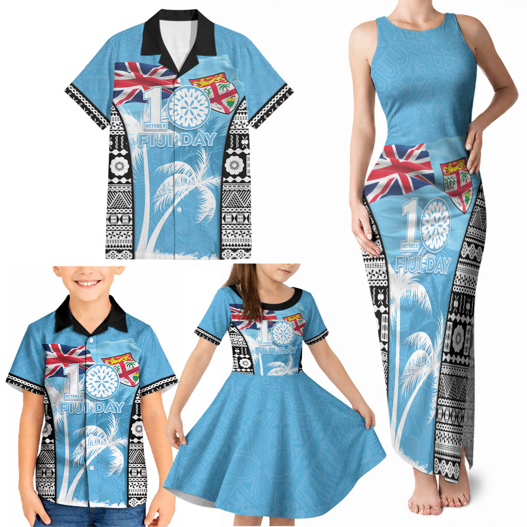 Personalised Fiji Day 2026 Family Matching Tank Maxi Dress and Hawaiian Shirt Masi Tapa Pattern With Palm Tree