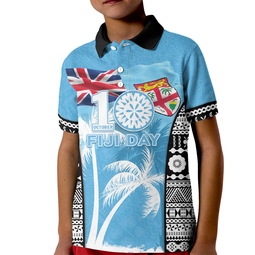 Personalised Fiji Day 2026 Kid Polo Shirt Masi Tapa Pattern With Palm Tree