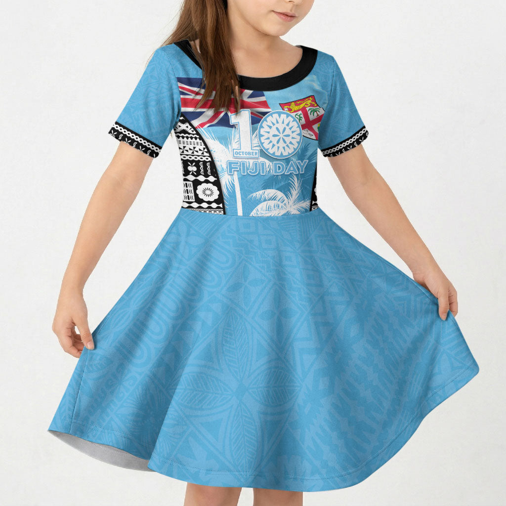 Personalised Fiji Day 2026 Kid Short Sleeve Dress Masi Tapa Pattern With Palm Tree