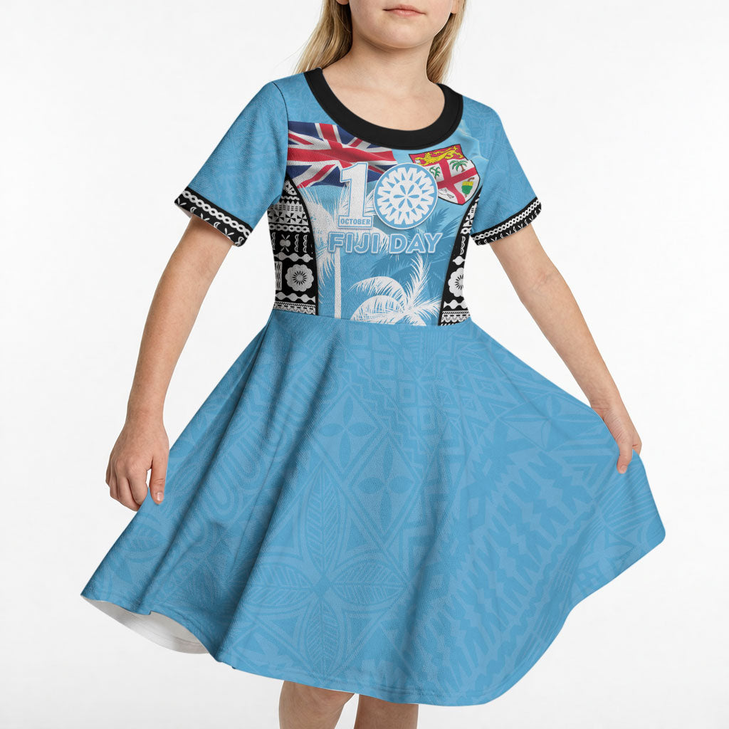 Personalised Fiji Day 2026 Kid Short Sleeve Dress Masi Tapa Pattern With Palm Tree