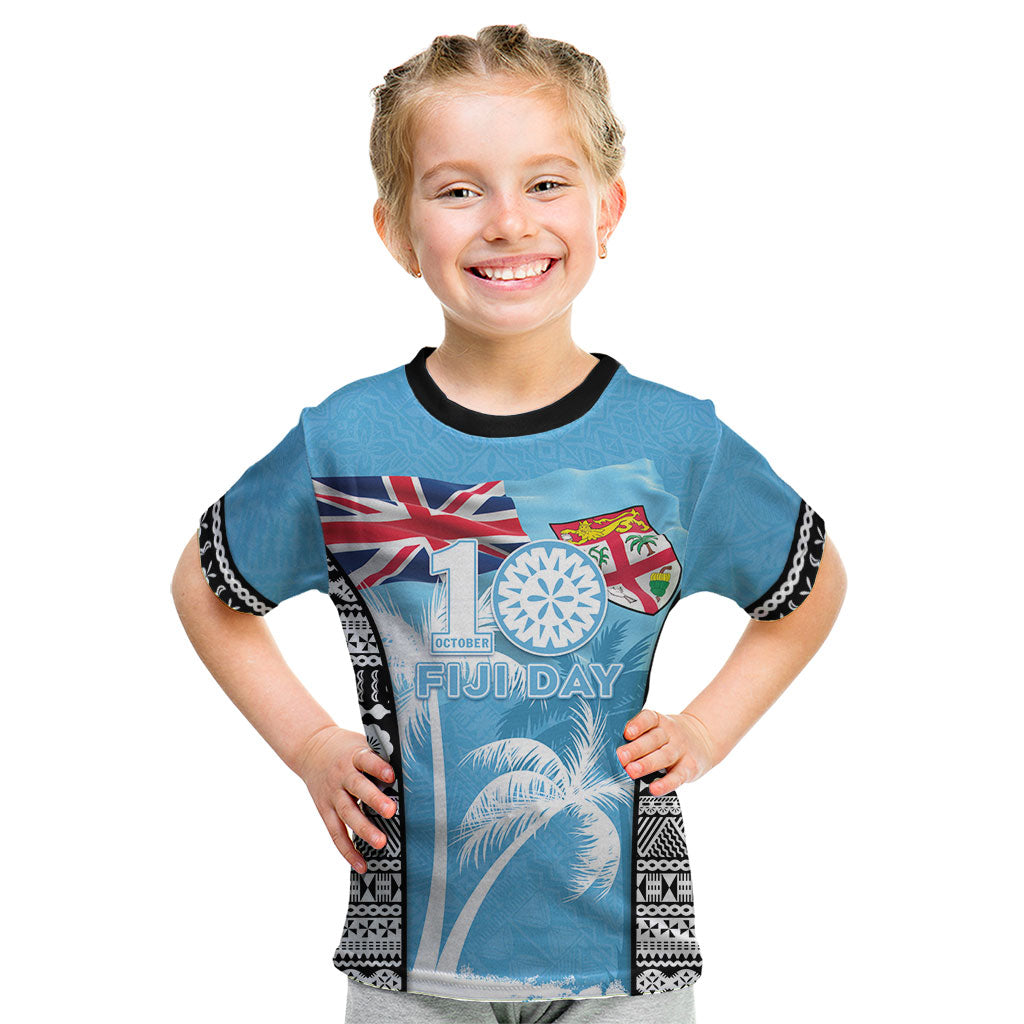 Personalised Fiji Day 2026 Kid T Shirt Masi Tapa Pattern With Palm Tree