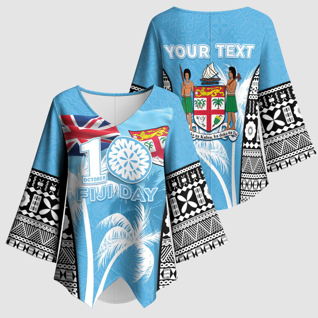 Personalised Fiji Day 2026 Kimono Sleeve Blouse Masi Tapa Pattern With Palm Tree