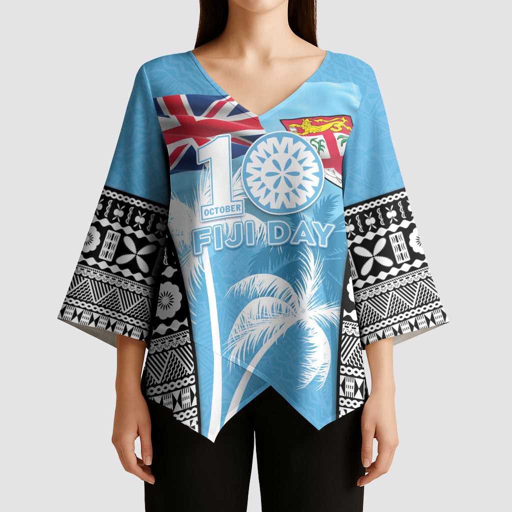 Personalised Fiji Day 2026 Kimono Sleeve Blouse Masi Tapa Pattern With Palm Tree