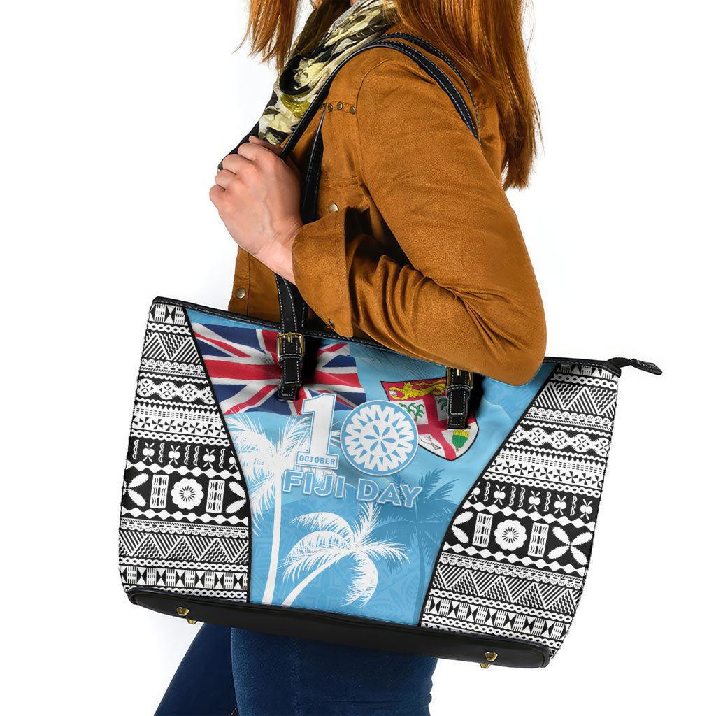 Fiji Day 2026 Leather Tote Bag Masi Tapa Pattern With Palm Tree