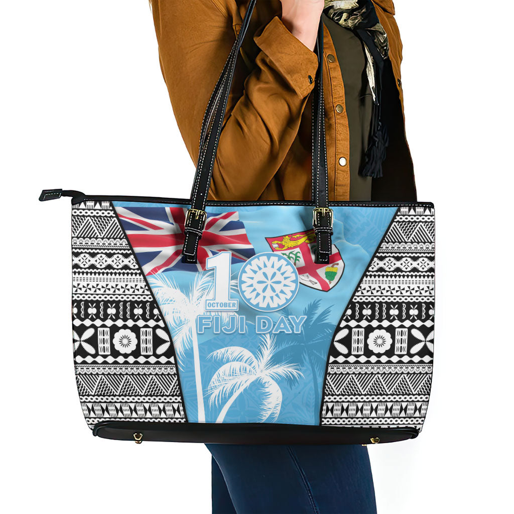 Fiji Day 2026 Leather Tote Bag Masi Tapa Pattern With Palm Tree