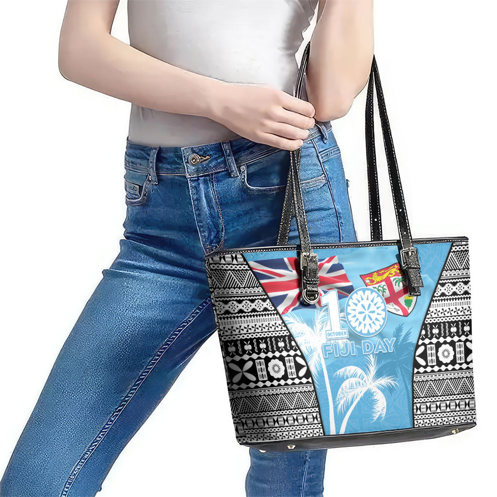 Fiji Day 2026 Leather Tote Bag Masi Tapa Pattern With Palm Tree