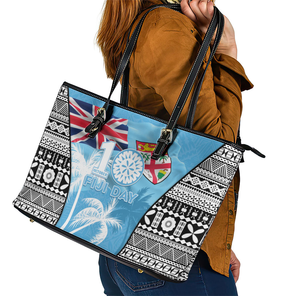 Fiji Day 2026 Leather Tote Bag Masi Tapa Pattern With Palm Tree