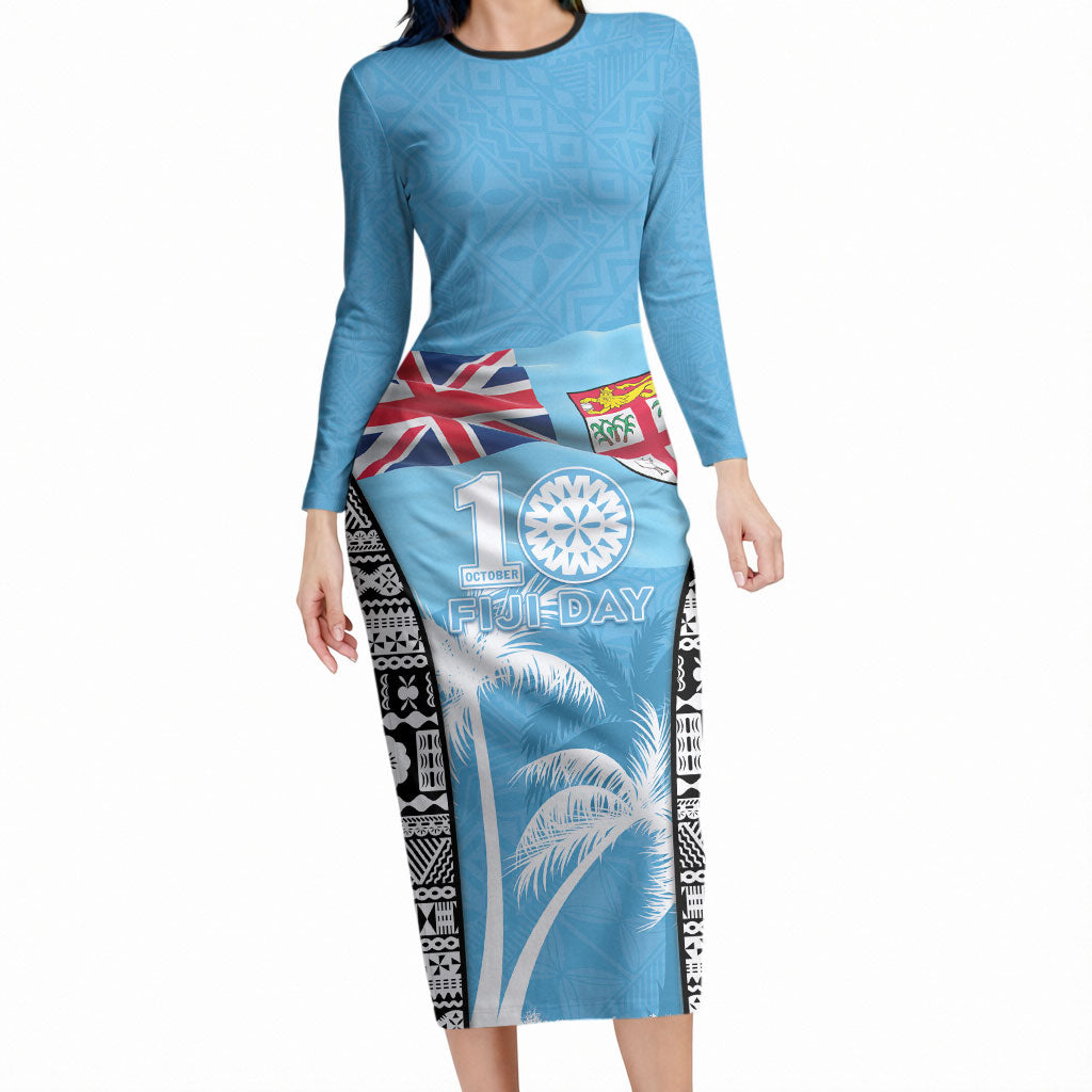 Personalised Fiji Day 2026 Long Sleeve Bodycon Dress Masi Tapa Pattern With Palm Tree