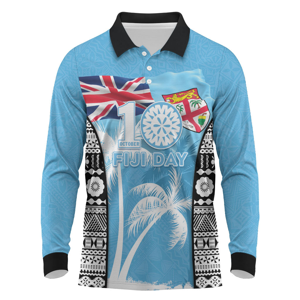 Personalised Fiji Day 2026 Long Sleeve Polo Shirt Masi Tapa Pattern With Palm Tree