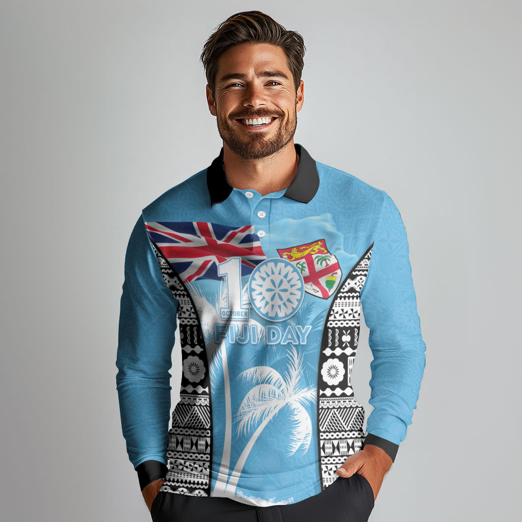 Personalised Fiji Day 2026 Long Sleeve Polo Shirt Masi Tapa Pattern With Palm Tree