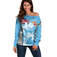 Personalised Fiji Day 2026 Off Shoulder Sweater Masi Tapa Pattern With Palm Tree