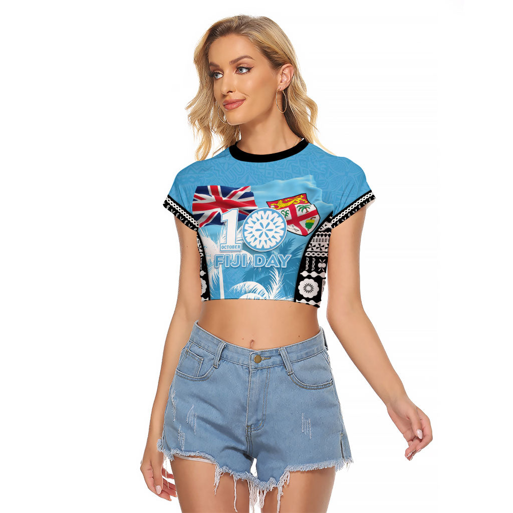 Personalised Fiji Day 2026 Raglan Cropped T Shirt Masi Tapa Pattern With Palm Tree