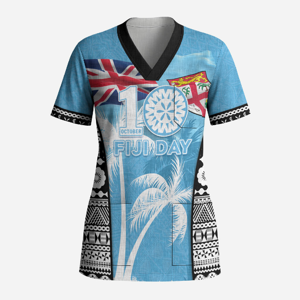 Personalised Fiji Day 2026 Scrub Top Masi Tapa Pattern With Palm Tree