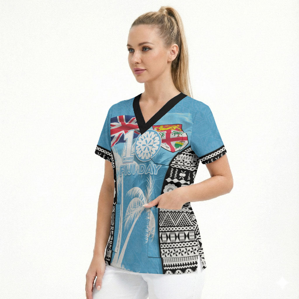 Personalised Fiji Day 2026 Scrub Top Masi Tapa Pattern With Palm Tree