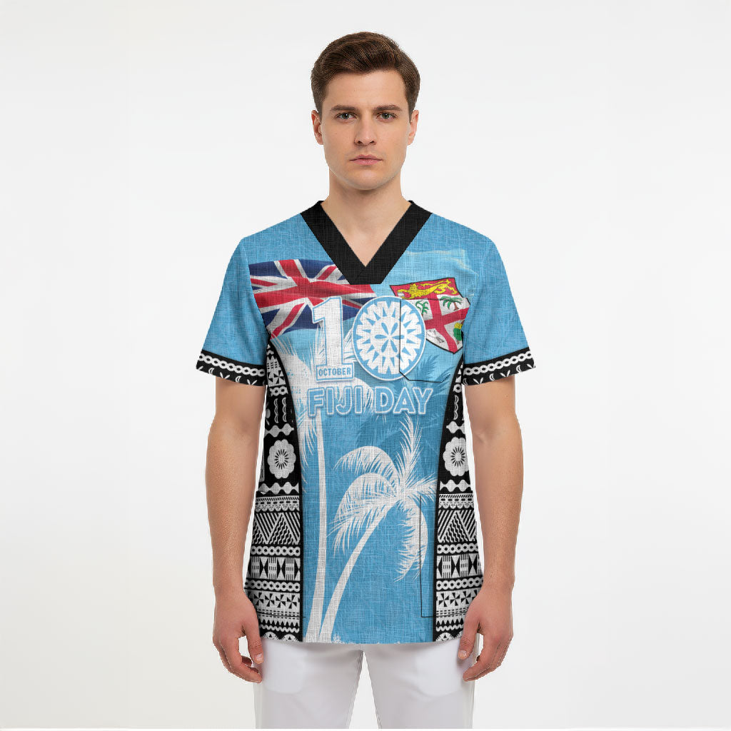 Personalised Fiji Day 2026 Scrub Top Masi Tapa Pattern With Palm Tree