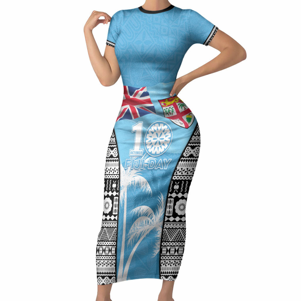 Personalised Fiji Day 2026 Short Sleeve Bodycon Dress Masi Tapa Pattern With Palm Tree