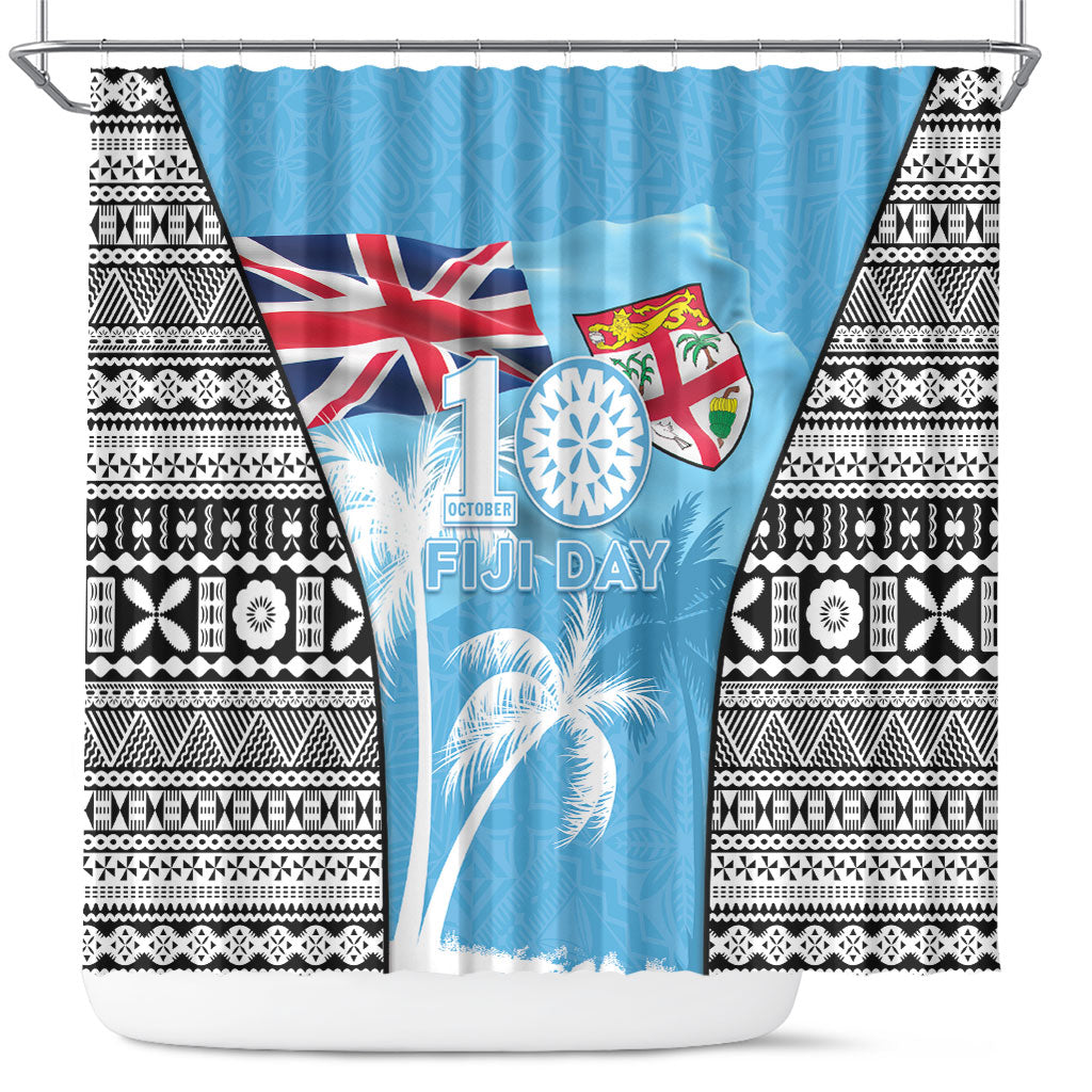Fiji Day 2026 Shower Curtain Masi Tapa Pattern With Palm Tree