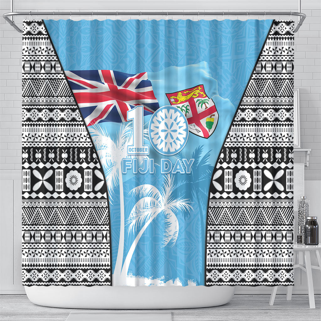 Fiji Day 2026 Shower Curtain Masi Tapa Pattern With Palm Tree