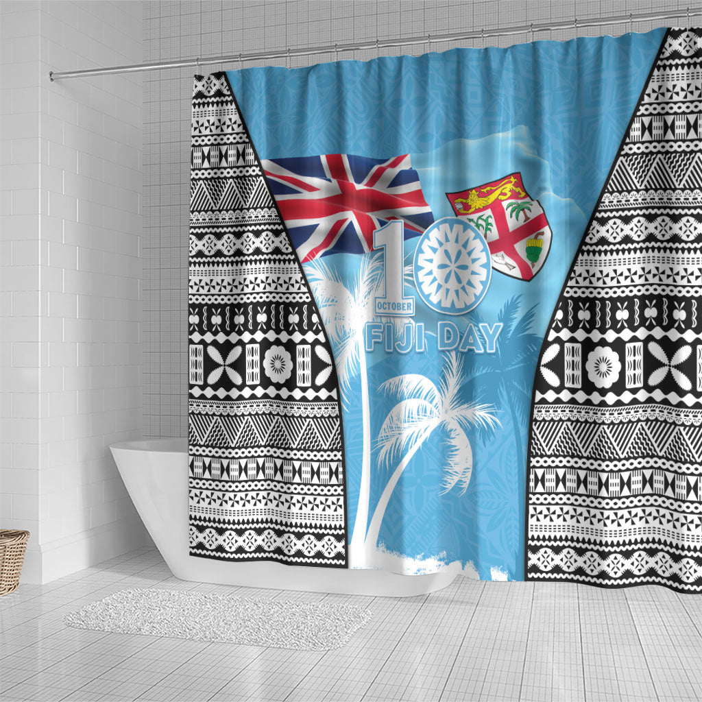 Fiji Day 2026 Shower Curtain Masi Tapa Pattern With Palm Tree