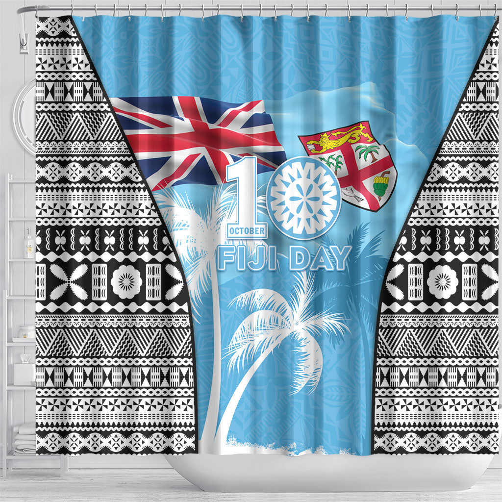 Fiji Day 2026 Shower Curtain Masi Tapa Pattern With Palm Tree