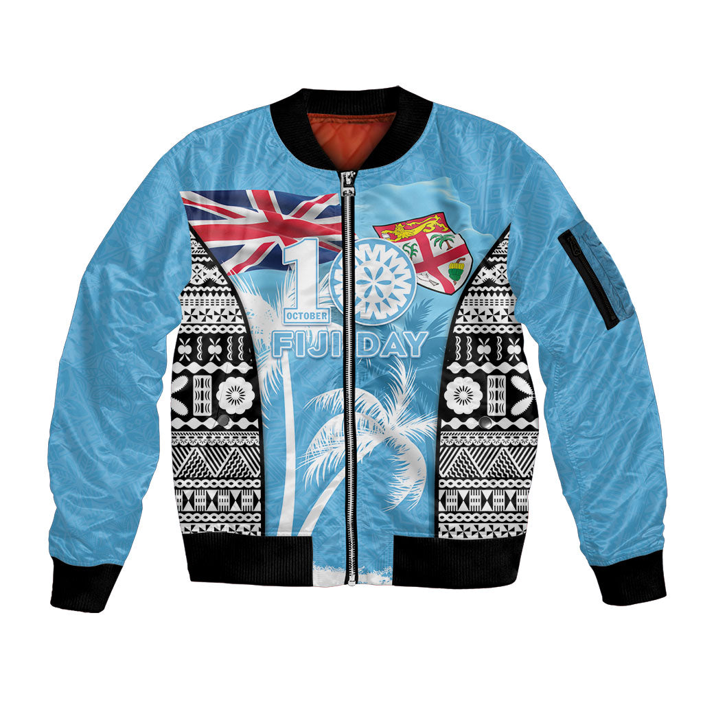 Personalised Fiji Day 2026 Sleeve Zip Bomber Jacket Masi Tapa Pattern With Palm Tree