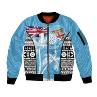 Personalised Fiji Day 2026 Sleeve Zip Bomber Jacket Masi Tapa Pattern With Palm Tree
