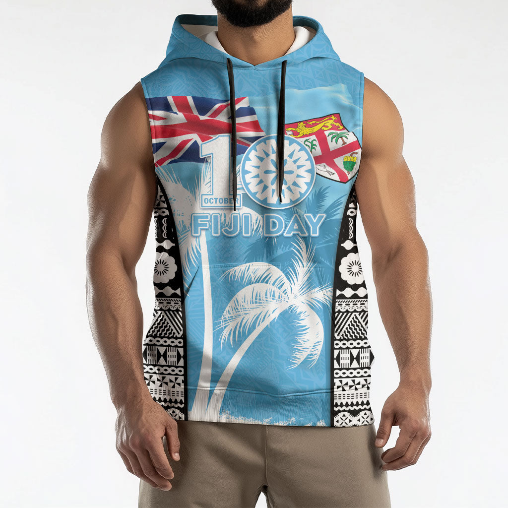 Personalised Fiji Day 2026 Sleeveless Hoodie Masi Tapa Pattern With Palm Tree