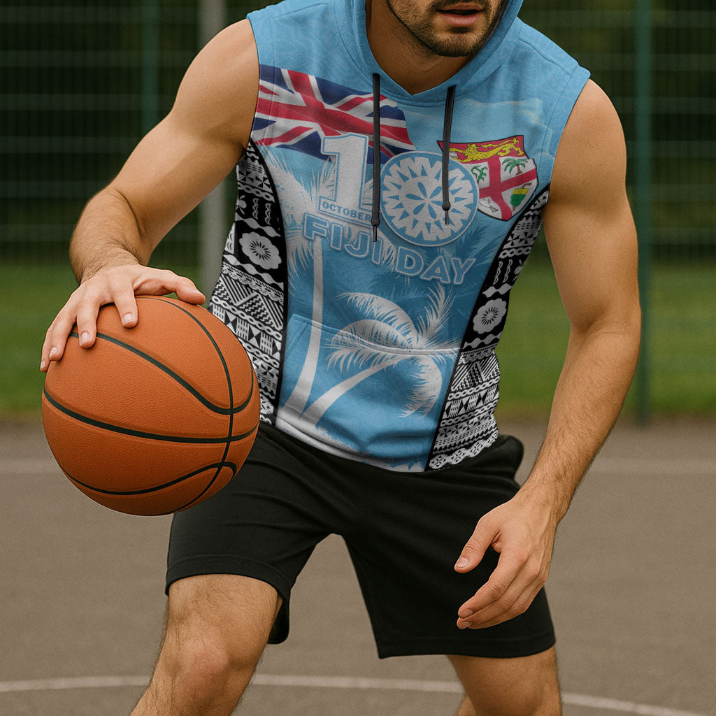 Personalised Fiji Day 2026 Sleeveless Hoodie Masi Tapa Pattern With Palm Tree