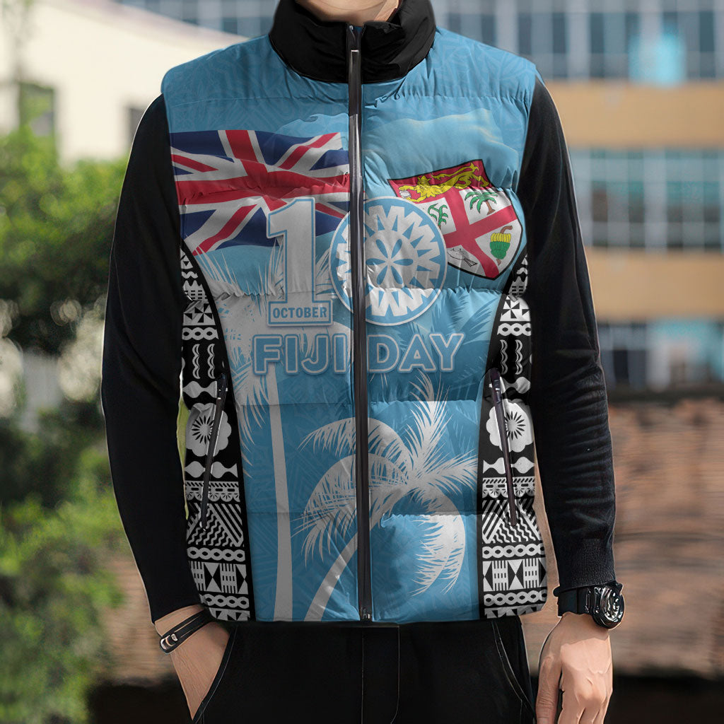 Personalised Fiji Day 2026 Sleeveless Puffer Jacket Masi Tapa Pattern With Palm Tree