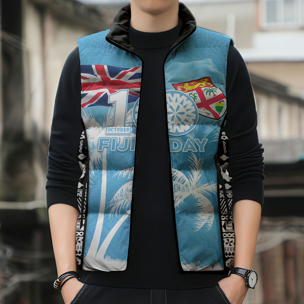 Personalised Fiji Day 2026 Sleeveless Puffer Jacket Masi Tapa Pattern With Palm Tree