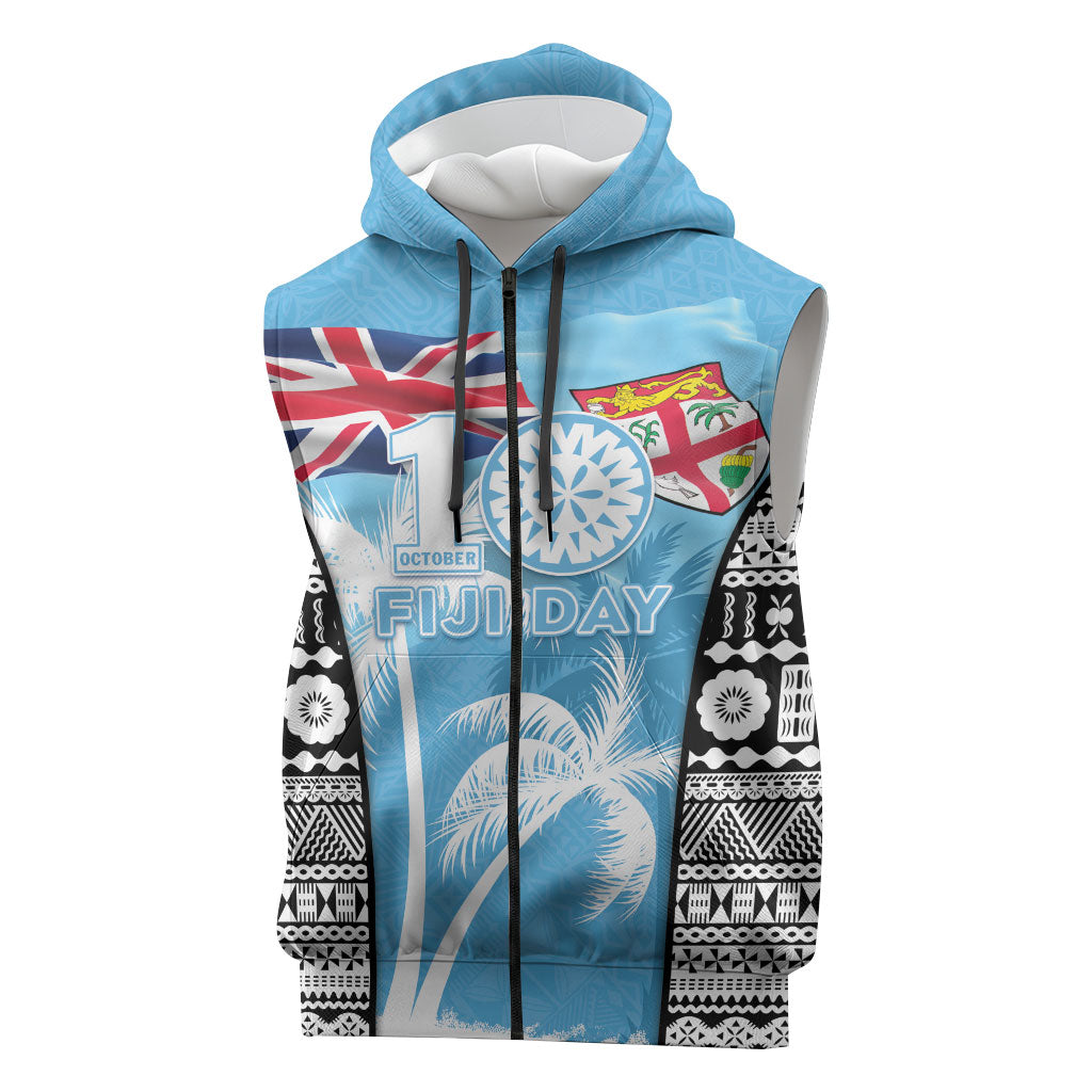 Personalised Fiji Day 2026 Sleeveless Zip Hoodie Masi Tapa Pattern With Palm Tree